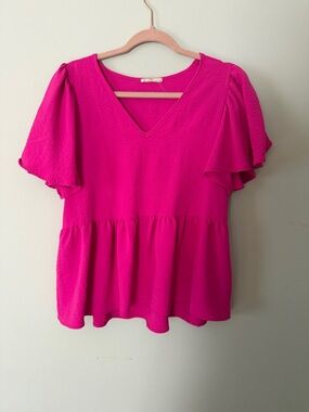 entro Bright Pink V-Neck Flutter Sleeve Peplum Blouse